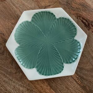 Vintage 8” Ceramic Hexagonal Green Hawaiian Flower Plate Dish Stamped